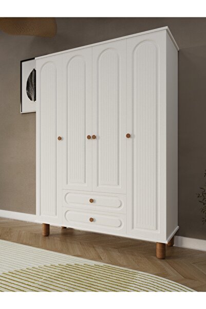 umondesign Umon Design Bohem 4 Kapaklı 2 Çekmeceli Askılı Gardırop Geniş Elbise Dolabı MDF KAPAK