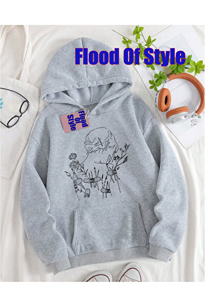 Flood Of Style Pulover cu guler Biskilet, gri, minimalist, imprimat.