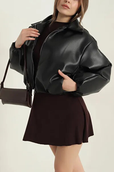 Coşkun GİYİM Women's Bomber Zippered Leather Coat Black 26128
