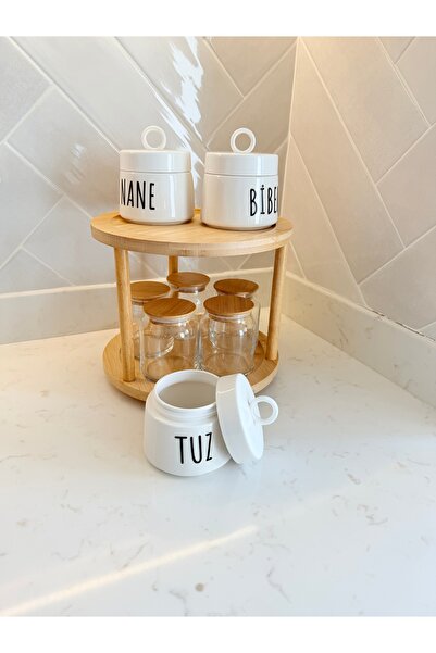 Sade Hediye 3-Piece Porcelain Spice Jar Set and 5-Piece Bamboo Lid Glass Spice Jar and Rotating Stand