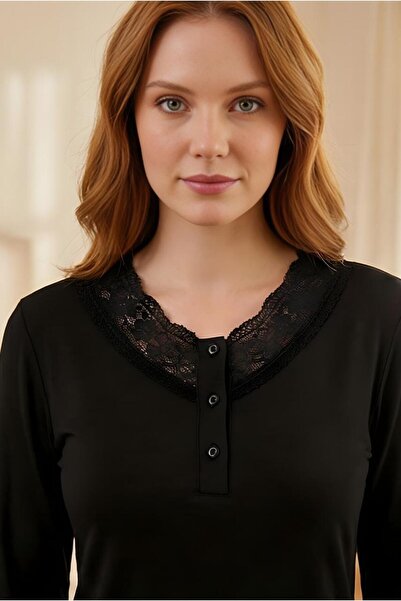 MORRO Long Sleeve Viscose Pajama Set Lace Detail Comfortable Casual Sleepwear Set