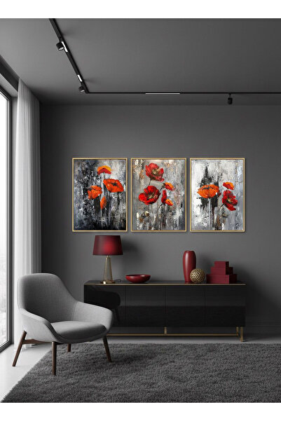 Linacci Triple Gold Metal Frame Gray Red Poppy Poster Glass Painting Set