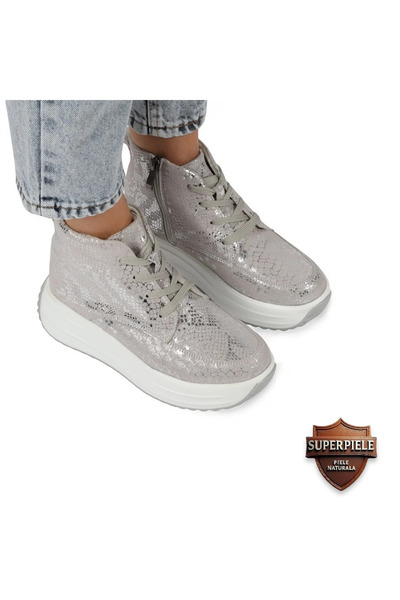 ANGEL BLUE Women's silver suede leather ankle boots with glitter, high sole |SARBOLA|