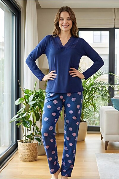 MORRO Long Sleeve Viscose Pajama Set Lace Detail Comfortable Casual Sleepwear Set