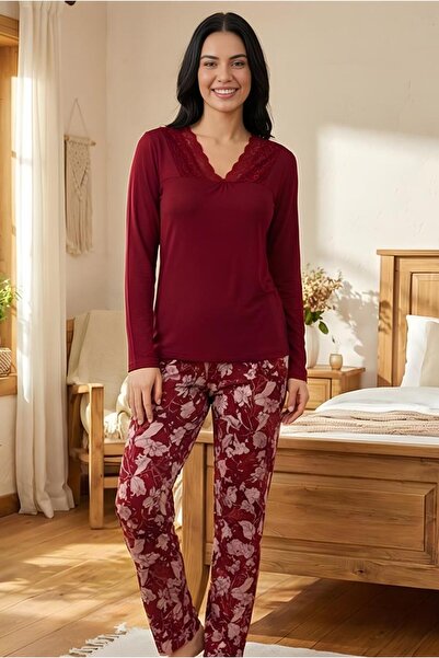 MORRO Long Sleeve Viscose Pajama Set Lace Detail Comfortable Casual Sleepwear Set