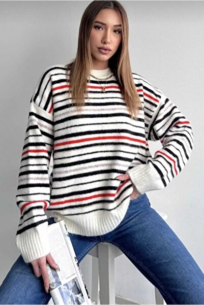 METLAM TEKSTİL Ženski pleteni džemper Prugasto okrugla kragna