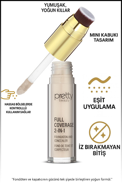 Pretty Beauty Full Coverage 2-in-1 Fondöten & Kapatıcı Concealer - Özel Fırça...