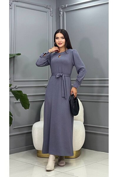 Genesis cannes Long Sleeve Belted Keyhole Neck Gray Long Dress