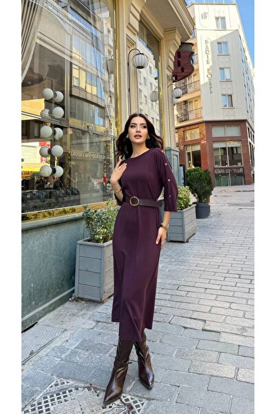 Genesis cannes Uzun Kollu Düğmeli Kemerli Mor Uzun Elbise