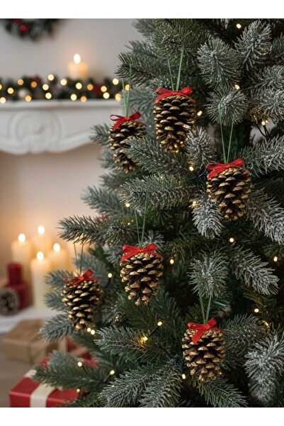Handmade Christmas 6-Piece Natural Pine Cone Pine Tree Ornament Set with Bows