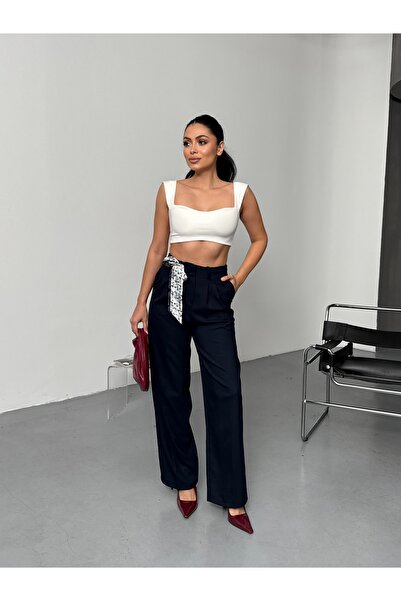 LB Laluna Butik Women's High Waist Pleated Scarf Detailed Palazzo Pants