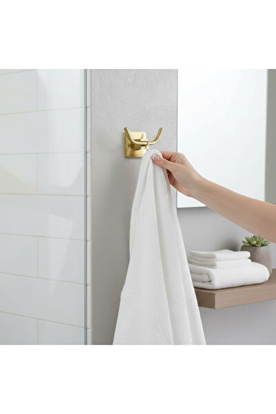 İSAOĞLU YAPI Matte Gold Bathroom Robe Hook Brushed Gold Double Hook Robe Hook Brass Material