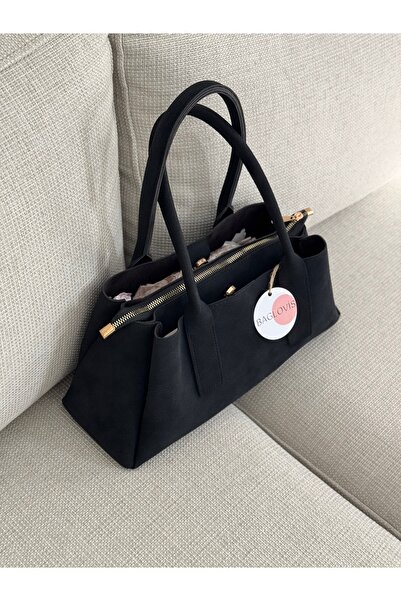 BAGLOVİS Black Suede Women's Shoulder and Shoulder Bag En32 Boy16