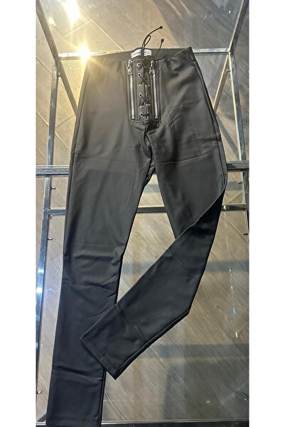 MODEL Kadın Bağcıklı Suni Deri Siyah Tayt