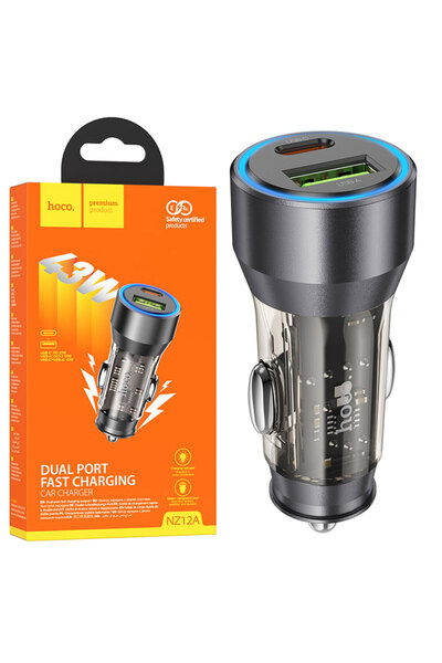 Hoco Incarcator Auto (NZ12A) , 25W, 1xUSB-C, 1xUSB-A, PD, QC 3.0, Clear, Black