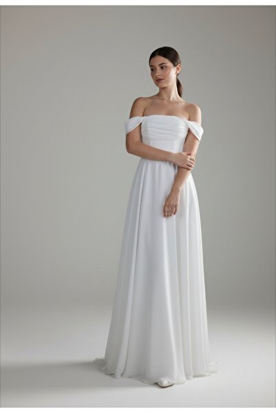 ENDAMIM Wedding Engagement Formal Outdoor Shoot Dress Draped Flared Off-White Low Sleeve A-Line Wedding Dress