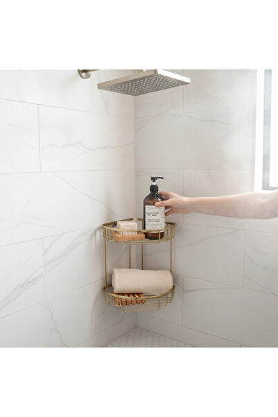İSAOĞLU YAPI Bathroom Shampoo Holder Matte Gold Double Shampoo Rack Brass Material Rustproof Matte Gold