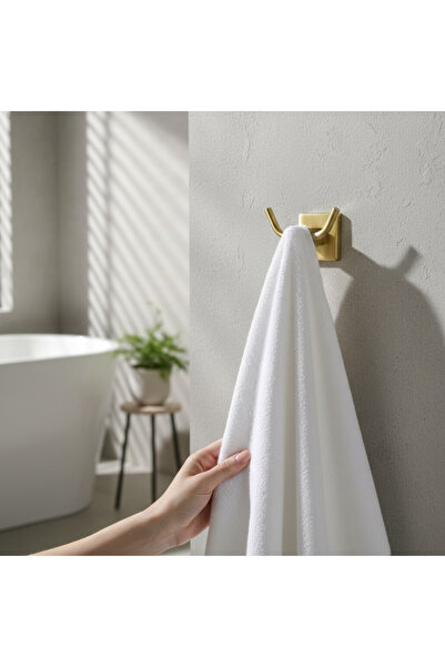 İSAOĞLU YAPI Matte Gold Bathroom Robe Hook Brushed Gold Double Hook Robe Hook Brass Material