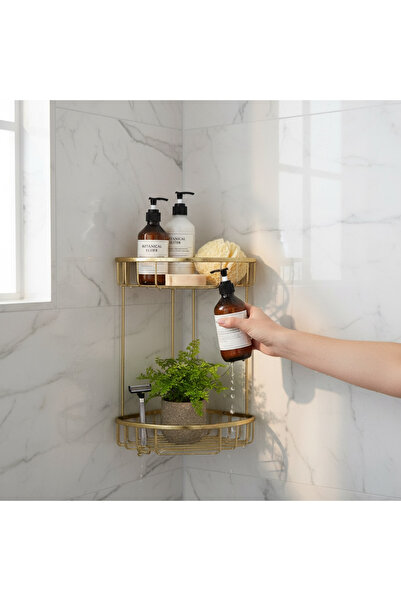 İSAOĞLU YAPI Bathroom Shampoo Holder Matte Gold Double Shampoo Rack Brass Material Rustproof Matte Gold