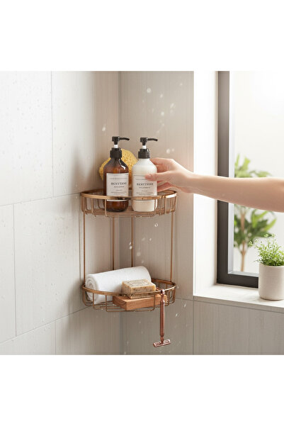 İSAOĞLU YAPI Copper Shampoo Holder Bronze Bathroom Shelf Rustproof Brass Material Rose Copper Bathroom Shelf