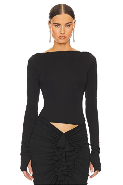 MetuCA بلوزة نسائية سوداء بياقة قارب وظهر مفتوح وطبقة مزدوجة من الساندي