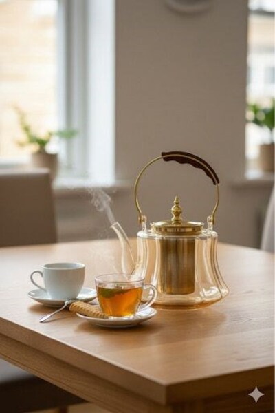 morponi Heat Resistant Borosilicate Amber Glass Teapot with Wooden Handle – 1200 ml Glass Teapot with Strainer