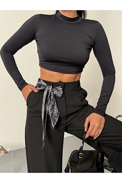 LB Laluna Butik Women's High Waist Pleated Scarf Detailed Palazzo Pants