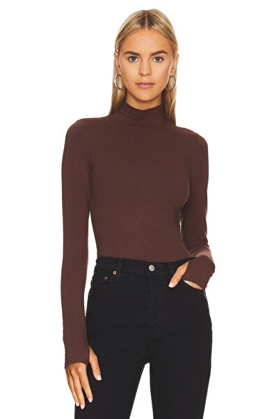 MetuCA Women's Brown Turtleneck Finger-Through Sandy Fabric Thong Bodysuit