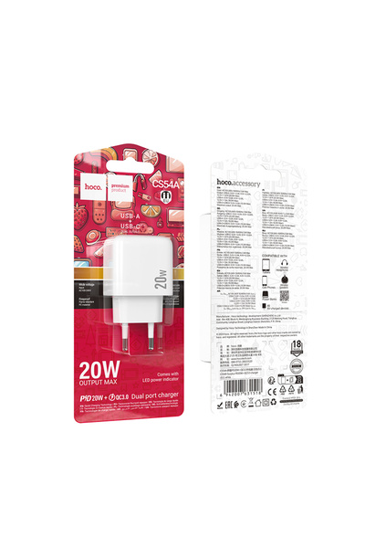 Hoco Incarcator Retea (CS54A) , PD20W, 1xUSB-C, 1xUSB-A, White