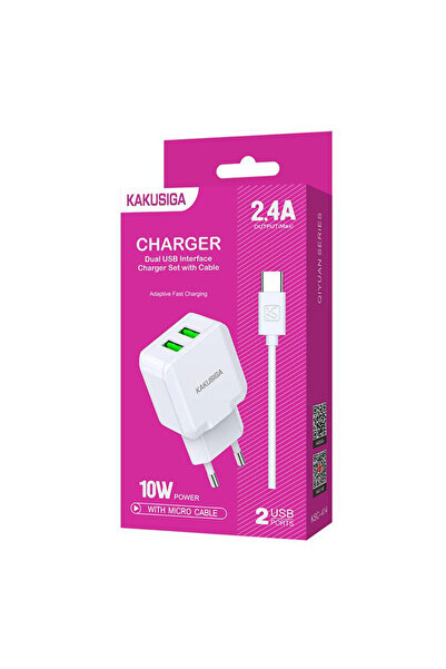 KAKUSİGA Kaku Charger (KSC-414) Mains + USB-C Cable, 10W, 2.4A, 2xUSB-A, QC 3.0, White