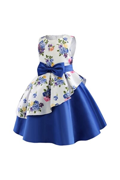 OEM Rochie alb-albastră cu imprimeu de trandafiri și fundă albastră pentru fete de 6 ani