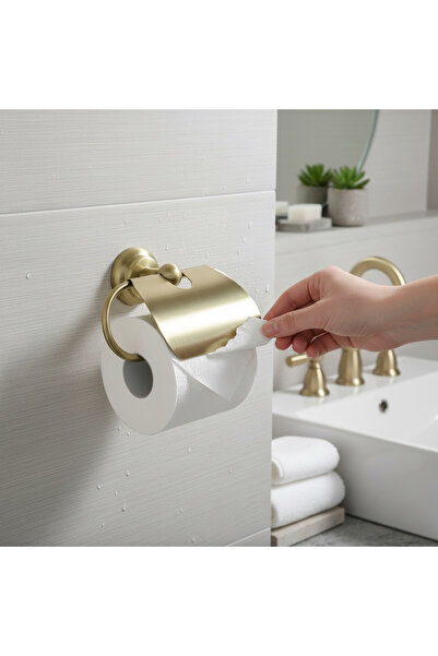 İSAOĞLU YAPI Matte Gold Vintage Toilet Paper Holder Classic Design Matte Gold Brushed Gold Brass Material Rustproof