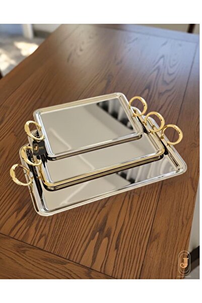 aljahwari Serving tray set, 3 sizes, nickel finish, gold handle