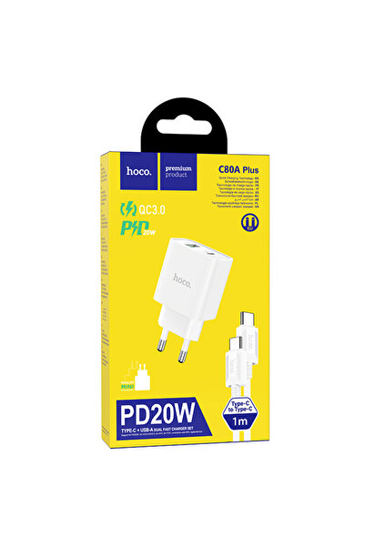 Hoco Incarcator Retea (C80A Plus) + Cablu USB-C, 20W, 5V, 3.1A, 1xUSB-C, 1xUS...