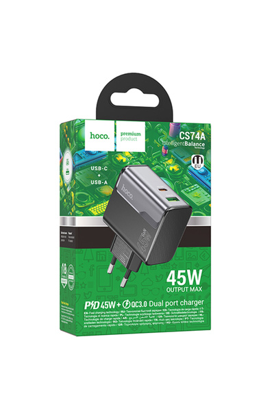 Hoco Incarcator Retea (CS74A), (PD45W+QC3.0) 1xUSB , 1xUSB, FastCharge, BLACK