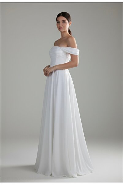 ENDAMIM Wedding Engagement Formal Outdoor Shoot Dress Draped Flared Off-White Low Sleeve A-Line Wedding Dress