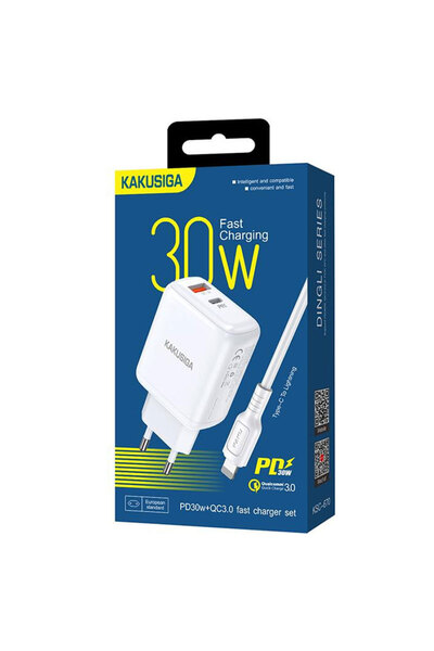 KAKUSİGA Kaku Charger (KSC-670) Mains + Lightning Cable, 30W, 1xUSB-C, 1xUSB-A, PD, QC 3.0, White