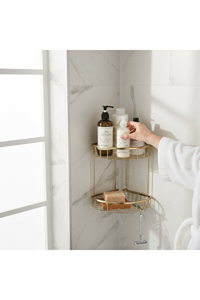 İSAOĞLU YAPI Bathroom Shampoo Holder Matte Gold Double Shampoo Rack Brass Material Rustproof Matte Gold
