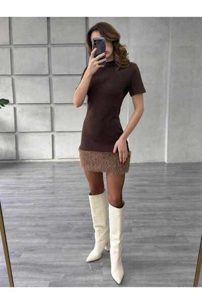 Coral Sırtı Fermuarlı Eteğli Saçaklı Elbise 7622 Kahve