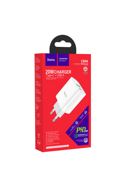 Hoco Incarcator Retea (C80A) , 20W, 5V, 3.1A, 1xUSB-C, 1xUSB-A, PD, QC 3.0, W...