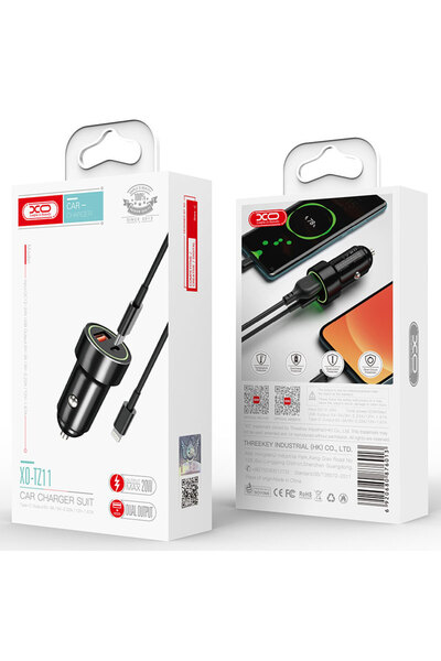 Xo Încărcător Auto + Cablu Lightning, 18W, 1xUSB-C, 1xUSB-A, PD, QC 3.0, Negru