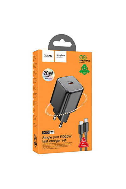 Hoco Φορτιστής ρεύματος (N40) + Καλώδιο USB-C, 20W, 1xUSB-C, PD, Μαύρο