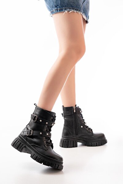 Zerenyus Zri̇n842-03 Premium Black Thick Soled Lace-Up Zippered Casual Women's Boots