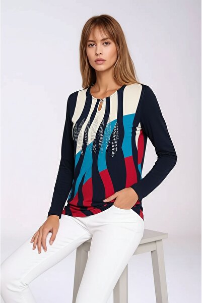 MAMAYAGA Women's Crew Neck Stretchy Patterned Stone Viscose Long Sleeve Curve Plus Size Blouse