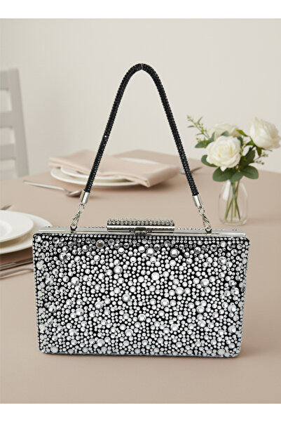 Biçanta Luxury Black Suede 5 Size Silver Crystal Stone Embroidered Evening Dress Bag |   Wedding and Evening Clutch