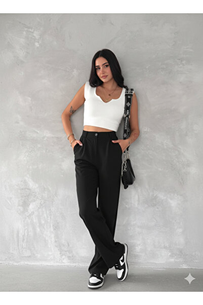 Le Touche Women's Black High Waist Pleated Buttoned Lycra Stretchy Comfortable Fit Palazzo Pants