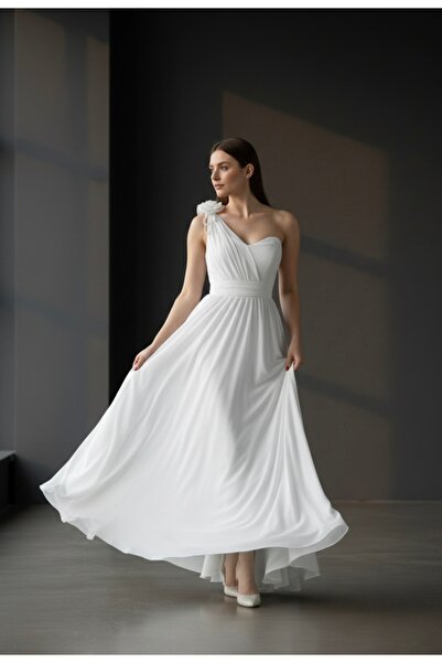 ENDAMIM Wedding Engagement Evening Dress Outdoor Shoot Heart Neckline Flower Detailed Chiffon One Shoulder Wedding Dress