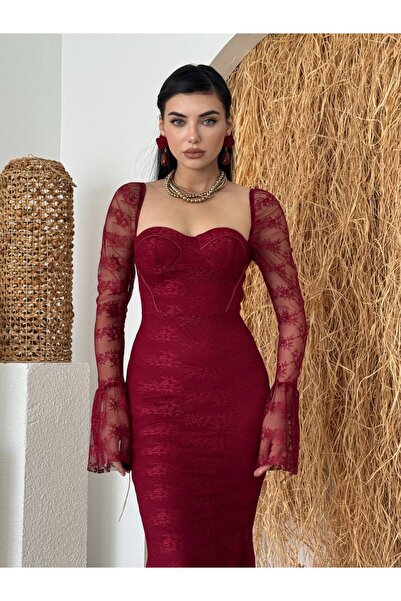 ETİKAFASHION Dantel Uzun Kollu Kalp Yaka Balık Elbise