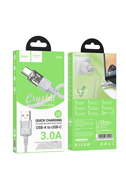 Hoco Cablu de date și încărcător (U129), USB-A la USB-C, 18W, 3A, Cristal, 1....