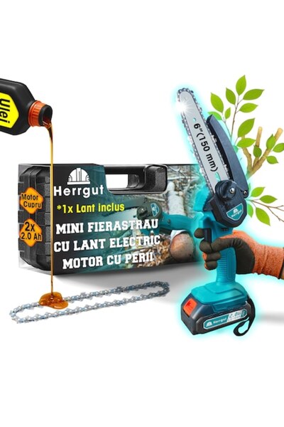 HERRGUT Mini drujbă electrică CAMPION, 6 inch, 2×2000 mAh, 550W, fără fir, al...